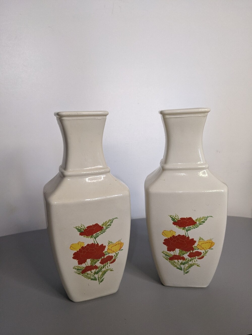 Vintage Bud Vase Pair Ceramic Floral Square White Cottagecore Home Decor